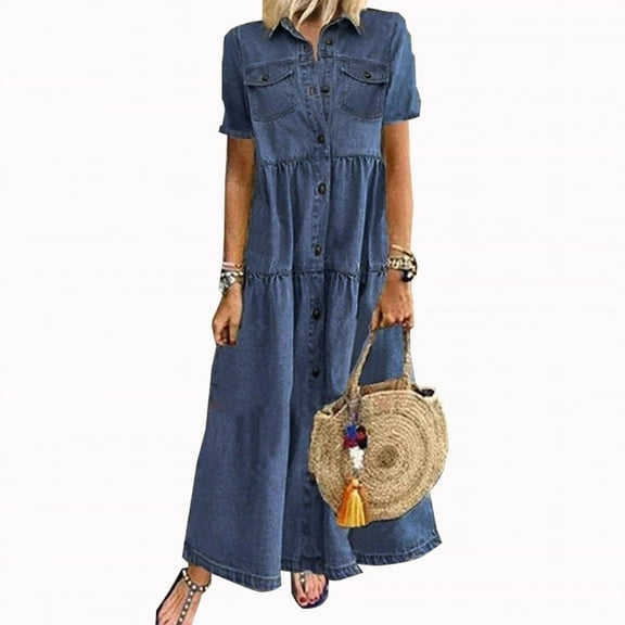 Danhjin Women's Summer Denim-Like Shirt Dress Short Sleeve Distressed Jeans Dress Button Casual Maxi Dress