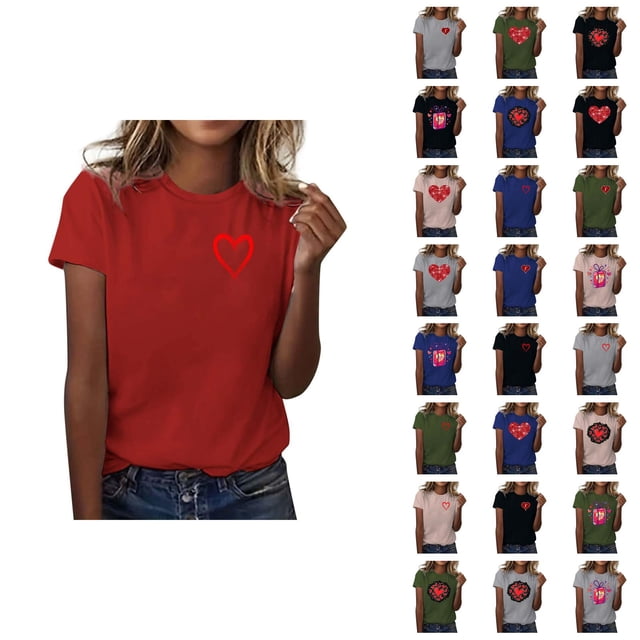 T-shirt Femme Saint-Valentin 2026 Manches Courtes Col Rond Graphique Cœur d'Amour