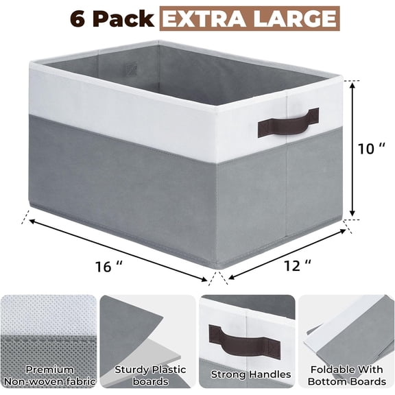 6 Pack Clothes Bins for Organization - 16x12  Large Storage Baskets for Shelves Closet Bedroom