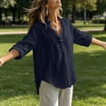 thumbnail image 5 of hoksml Women's Cotton Linen V Neck Blouse, Roll-Up Sleeve Henley Casual Shirt, Loose Fit Top for Daily and Office Wear, 5 of 9