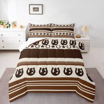 Homewish Farmhouse Horse Horseshoe 3 Pieces Queen Comforter Set for Boys Girls,Geometric Stripes Ultra Soft Bedding Sets,Western Theme Bedding Comforter Set,Super Cozy Room Decor,Reversible