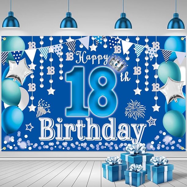 Banner de fondo para fotografía con texto "Feliz cumpleaños número 18" en color azul plateado. Fondo de cumpleaños azul, suministros para cumpleaños número 18, decoraciones con letreros de "Feliz