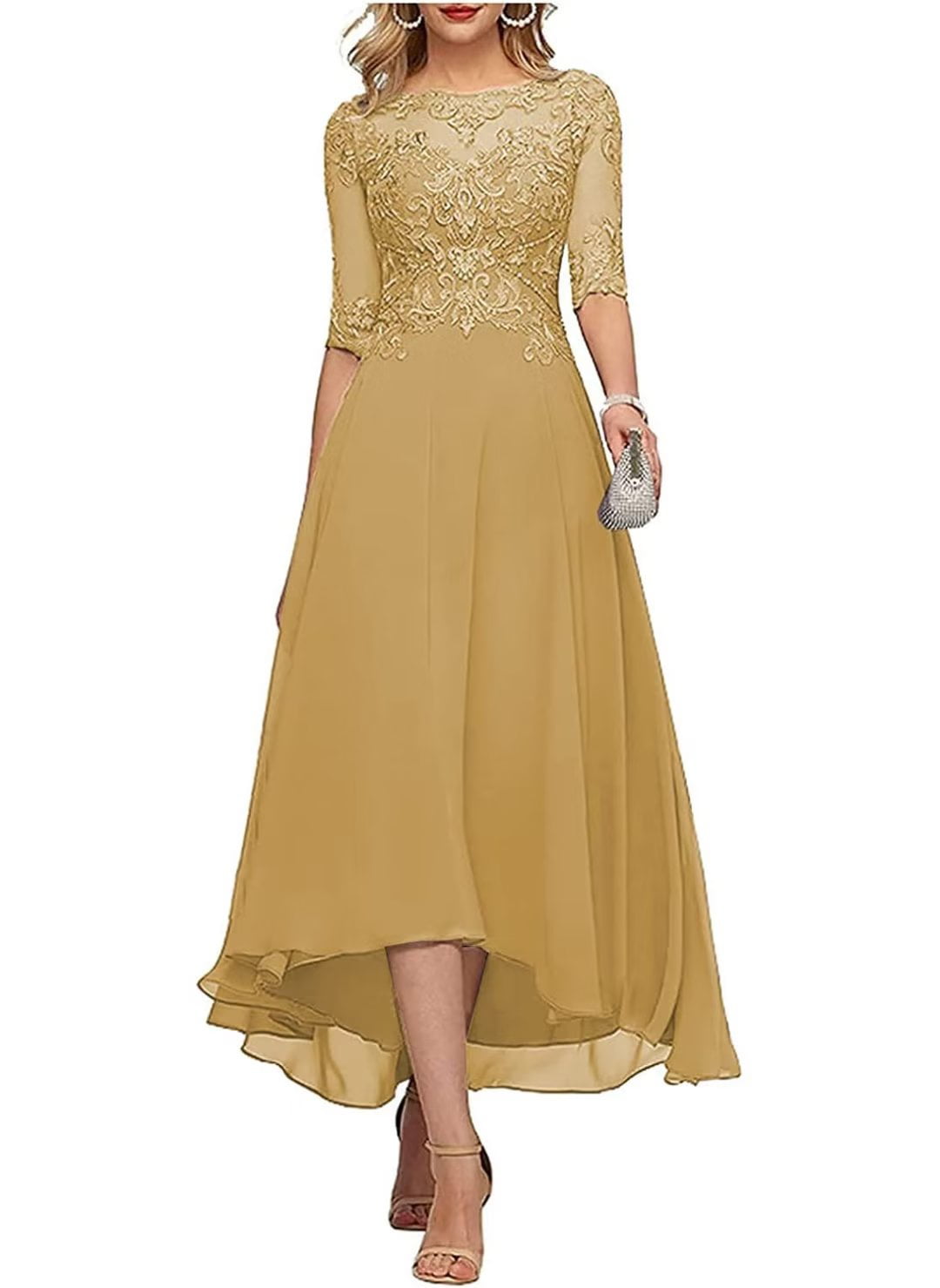 Lace Applique Mother of The Bride Dress Half Sleeves Midi Formal Evening  Gowns Gold 24 - Walmart.com