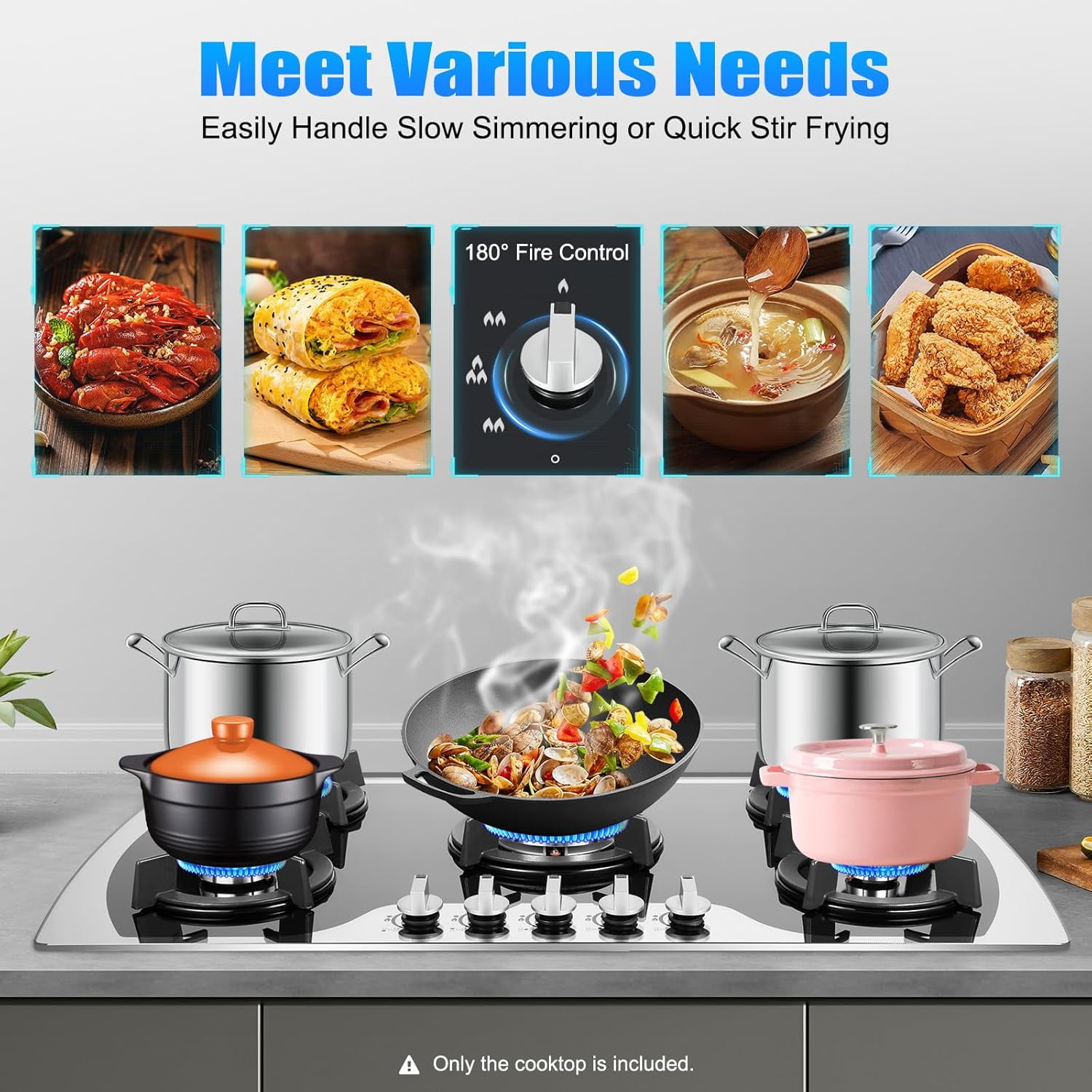Gas Cooktop 36'' Gas Stove Top with 5 Burners, Built-In Gas Hob Suitable for Dual Fuel LPG/NG, Tempered Glass Stovetop Cooker for for Kitchen, Home, Apartments, RVs, Easy To Clean