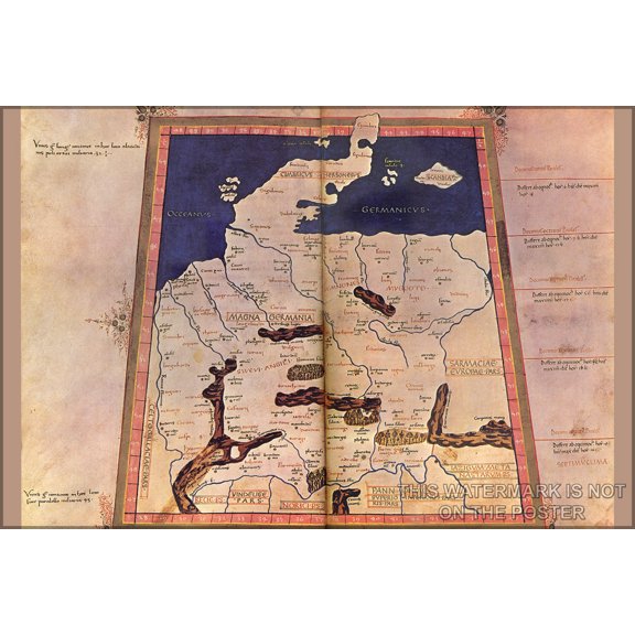 24"x36" Gallery Poster, Magna Germania Map; Artist Nicolaus Germanus 1400s