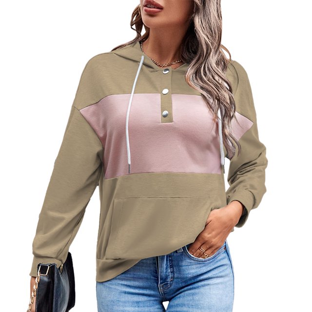 Sudaderas con Capucha para Mujer con Botones en Contraste de Color Diseño de Empalme Suave y Transpirable Sudadera con Capucha para Mujer con Bolsillo para Trabajo de Fiesta Caqui S