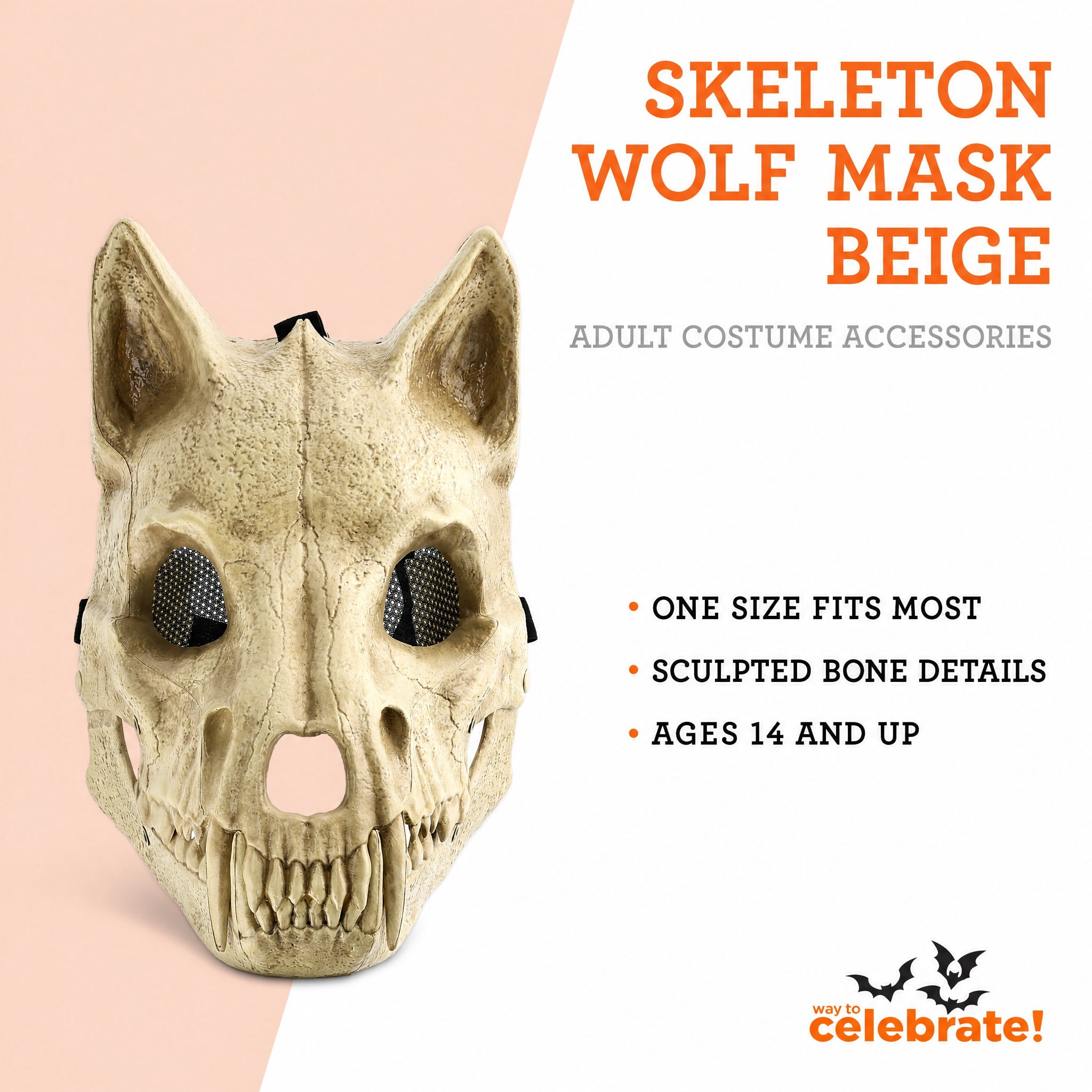 Skeleton Wolf Mask Costume Accessory for Adults, Beige, Halloween by Way To Celebrate