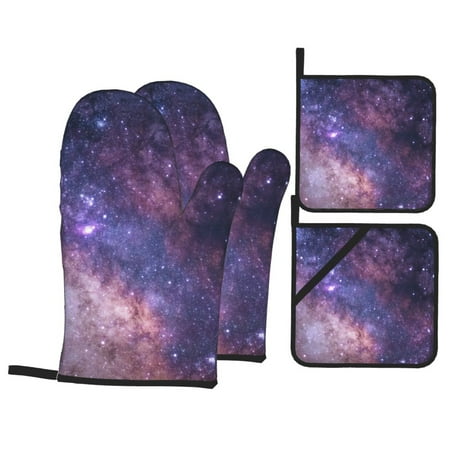 

YFYANG Oven Mitts and Pot Holders Sets 4 Pieces Non-Slip Heat Resistant Mysterious Purple Starry Sky Kitchen Glove Pot Mat for Cooking and Baking