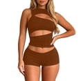 thumbnail image 3 of Arlun Women's 2 Piece Outfits Sleeveless Crew Neck Cut out Crop Top Bodycon Shorts Set Y2k Solid Color Stretchy Slim Fitted Summer Matching Sets for Night out Club Party Wear Brown M, 3 of 6