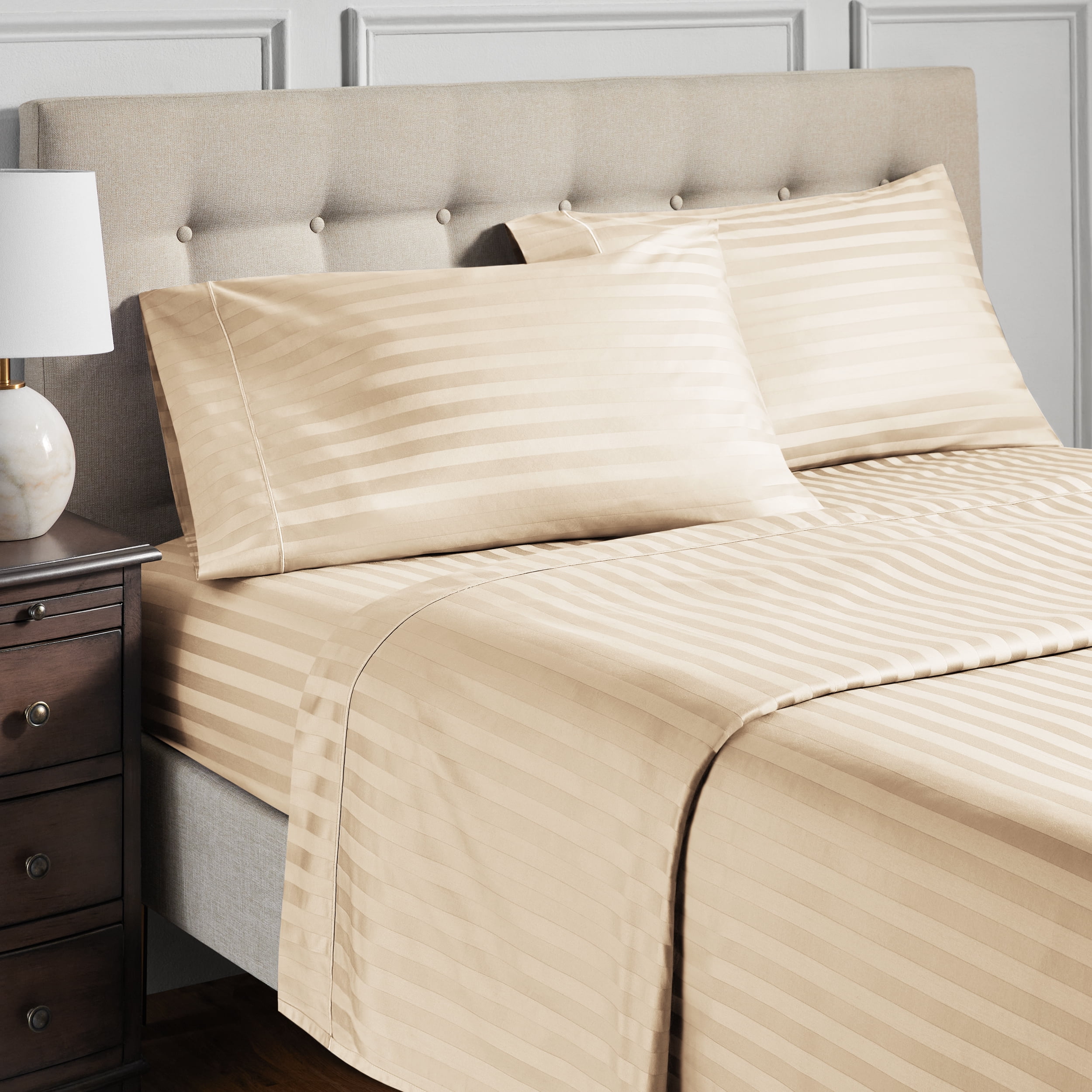 Hotel Style 4-Piece 600 Thread Count Tan Stripe Egyptian Cotton Adult Bed Sheets, King - Deep Pocket