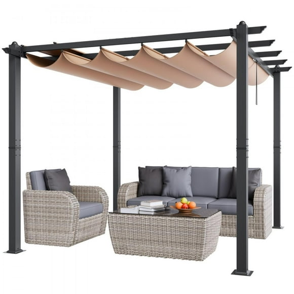 10x10 Outdoor Retractable Pergola with Sun Shade Aluminum Beige