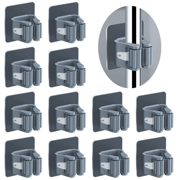 Mop Broom Holder No Drill, Mop Broom Organizer Wall Mounted Heavy Duty with Hooks Hanger, Storage Rack Self Adhesive Stainless Steel,10Pcs for Bathroom, Kitchen