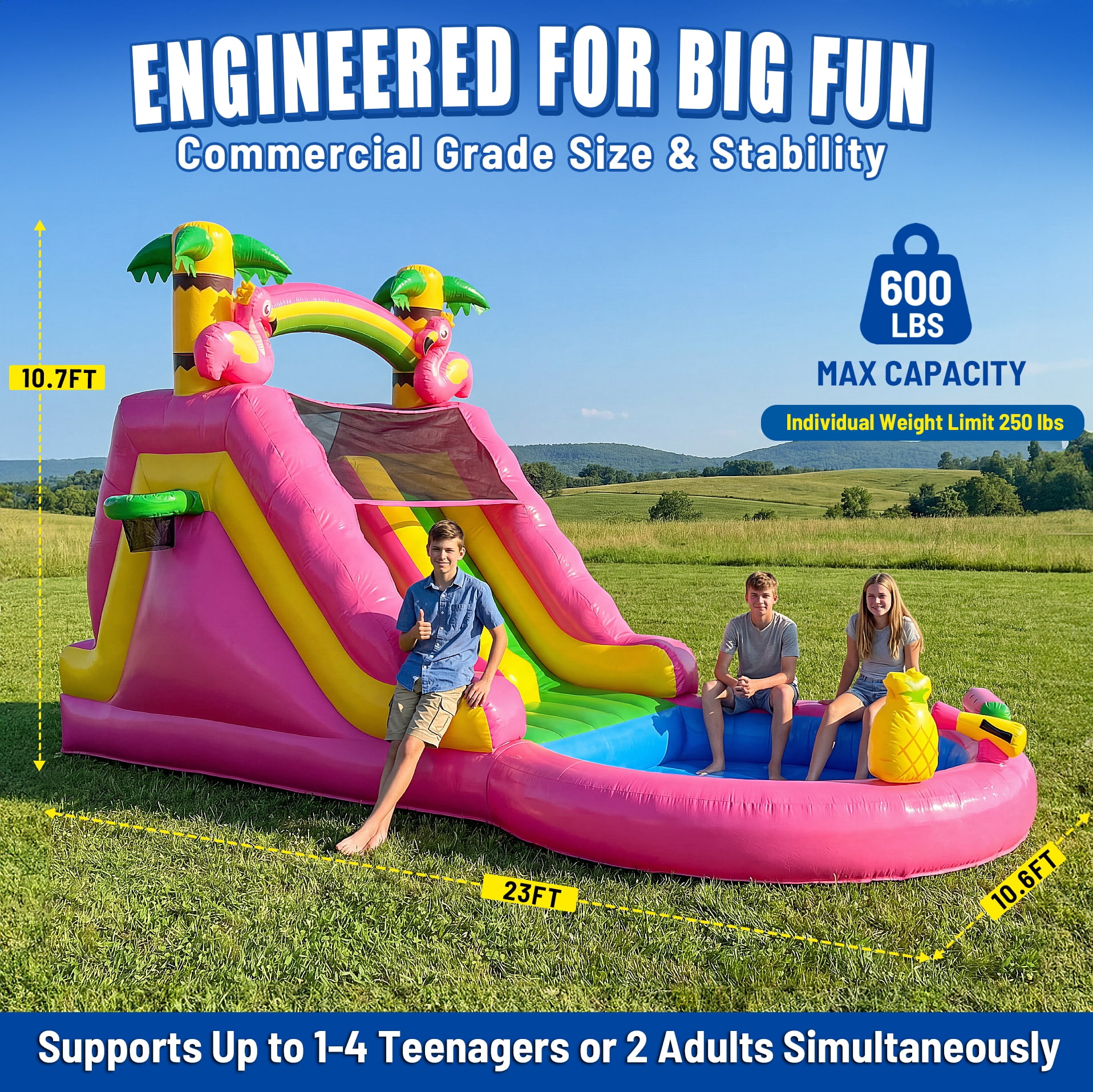 HEMOPOW 23FT Heavy-Duty Inflatable Water Slide for Backyard & Events, Flamingo Theme with Dual Slides, Splash Pool, 600lbs Capacity, Fast Setup for Teens/Adults