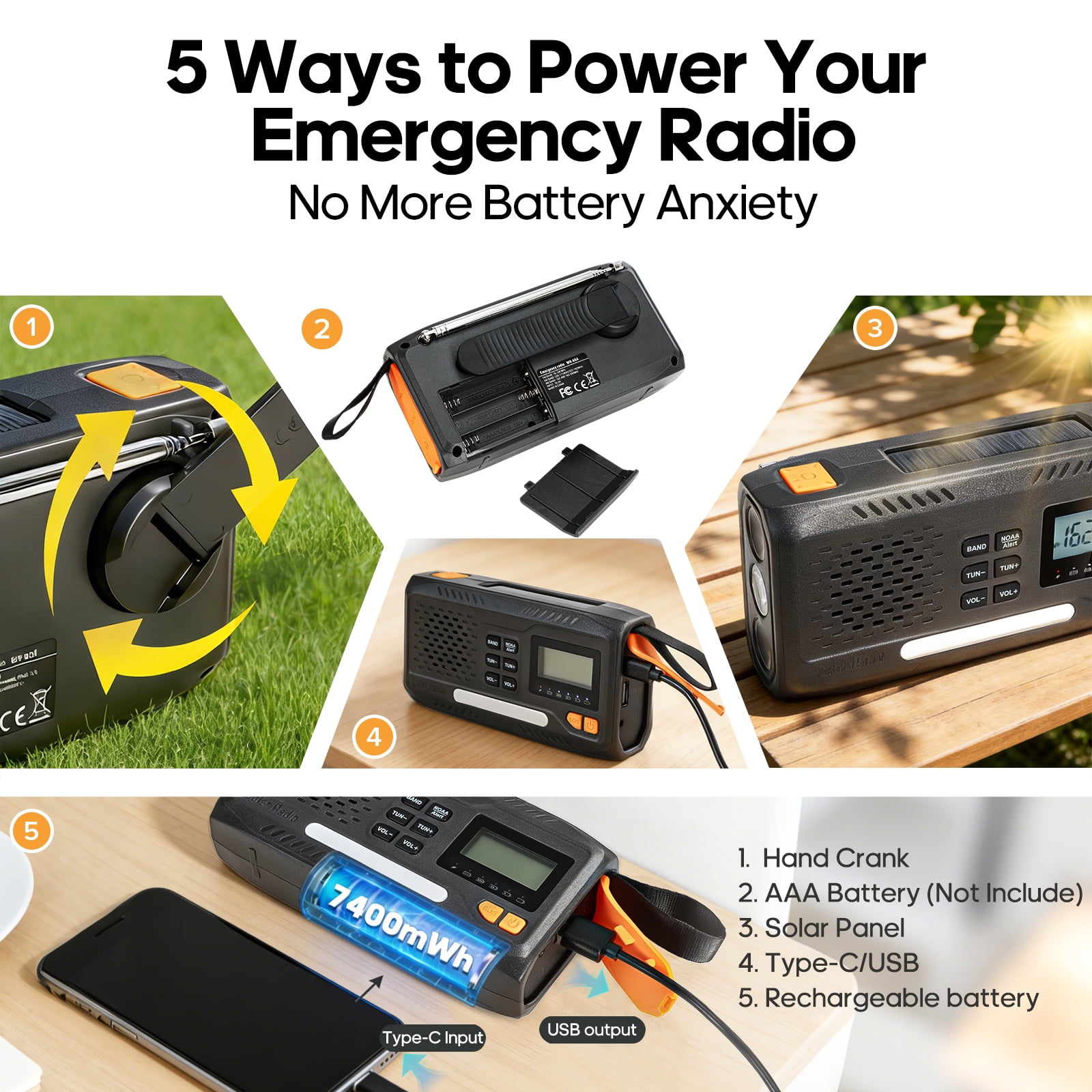 NOCTINGALE Hand Crank Emergency Weather Radio, 2000mAh Portable Radio Noaa/AM/FM, Battery Operated Solar Power, Weather Alert, Flashlight  for Home Outdoor Emergency