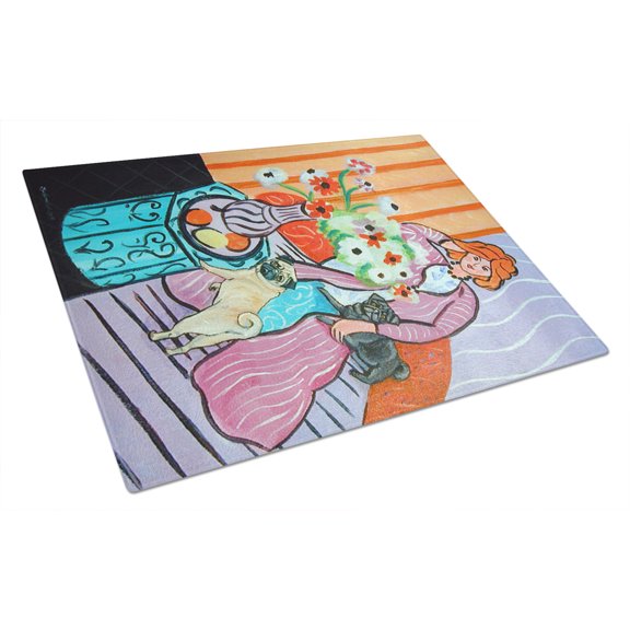 Caroline's Treasures Lady with her Pug Glass Cutting Board Large