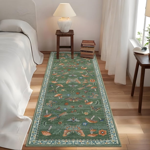 Garvee Tapete Pasillera Moderna de 2'x6' con Estampado Floral de Insectos, Tapetes Lavables, Tapete Antideslizante Resistente a las Manchas, Tapete Plegable para Interiores de Pelo Bajo para Pasillo,