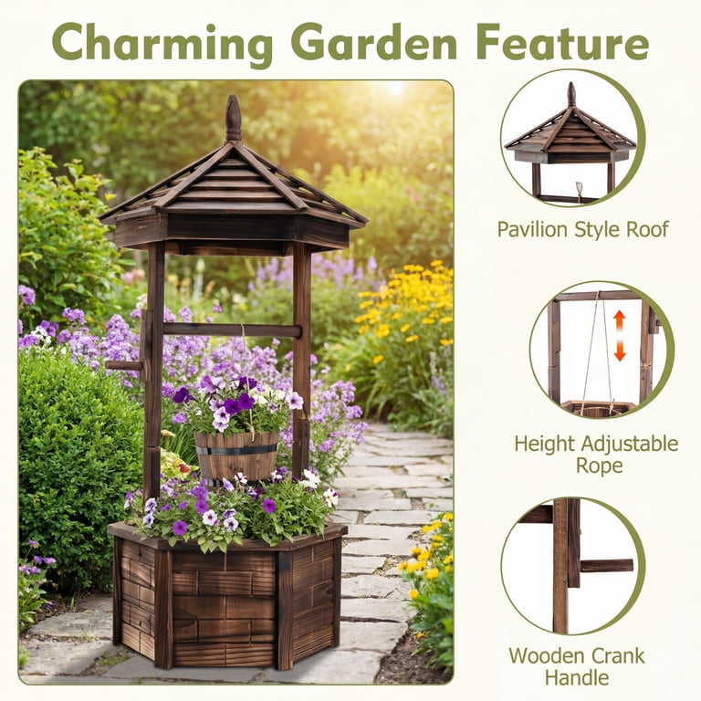 Costway Large Wooden Wishing Well Planter for Yard and Patio