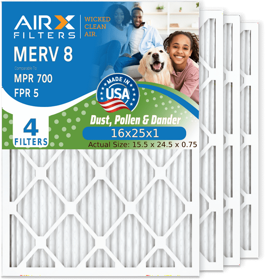 16x25x1 Air Filter MERV 8 Comparable to MPR 700 & FPR 5 Electrostatic Pleated Air Conditioner Filter 4 Pack HVAC AC Premium USA Made 16x25x1 Furnace Filters by AIRX FILTERS WICKED CLEAN AIR.