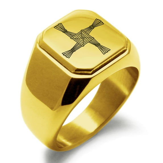 Stainless Steel Celtic Saint Brigid Cross Engraved Square Flat Top Biker Style Polished Signet Ring