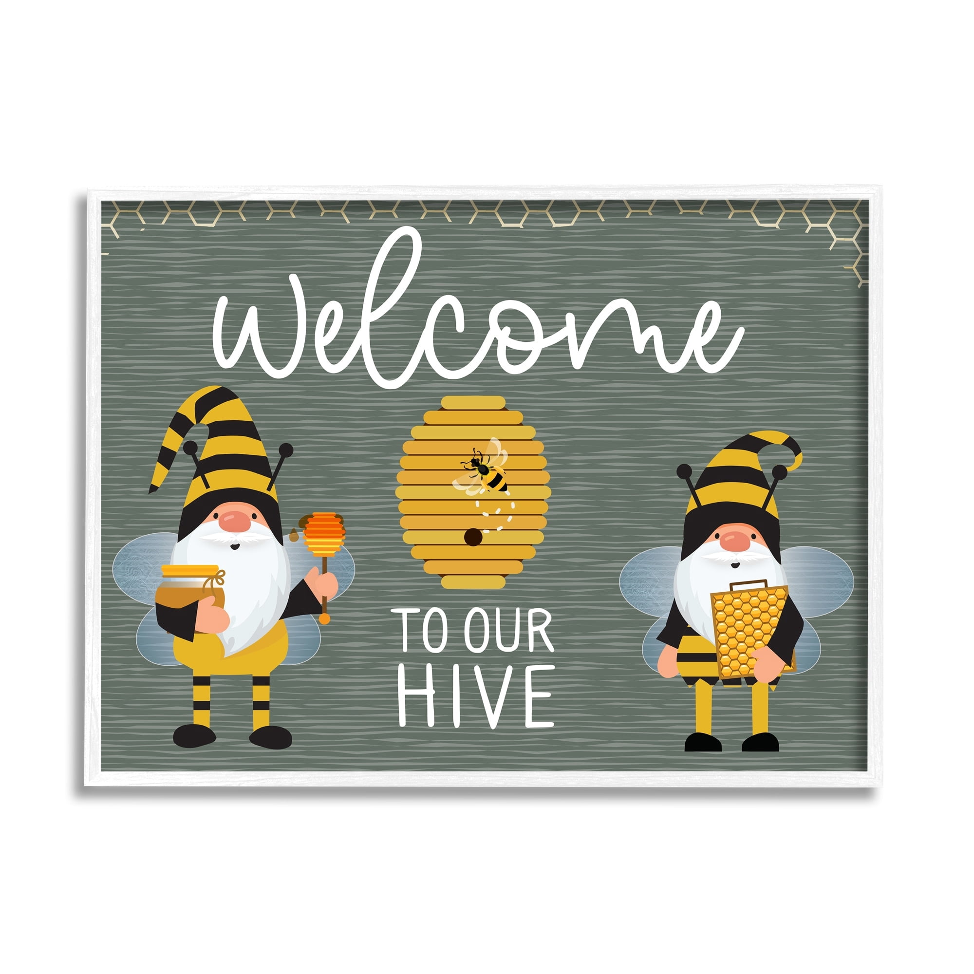 Stupell Industries Welcome To Our Hive Honey Bee Garden Gnomes Typography Framed Wall Art, 30 x 24, Design by Linda Birtel
