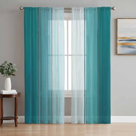 Sheer Curtains 84 Inches Long 2 Panels Set for Living Room, Aqua Ombre Semi Sheer Curtains for Windows, Vintage Country Wooden Voile Window Treatments Rod Pocket Curtain