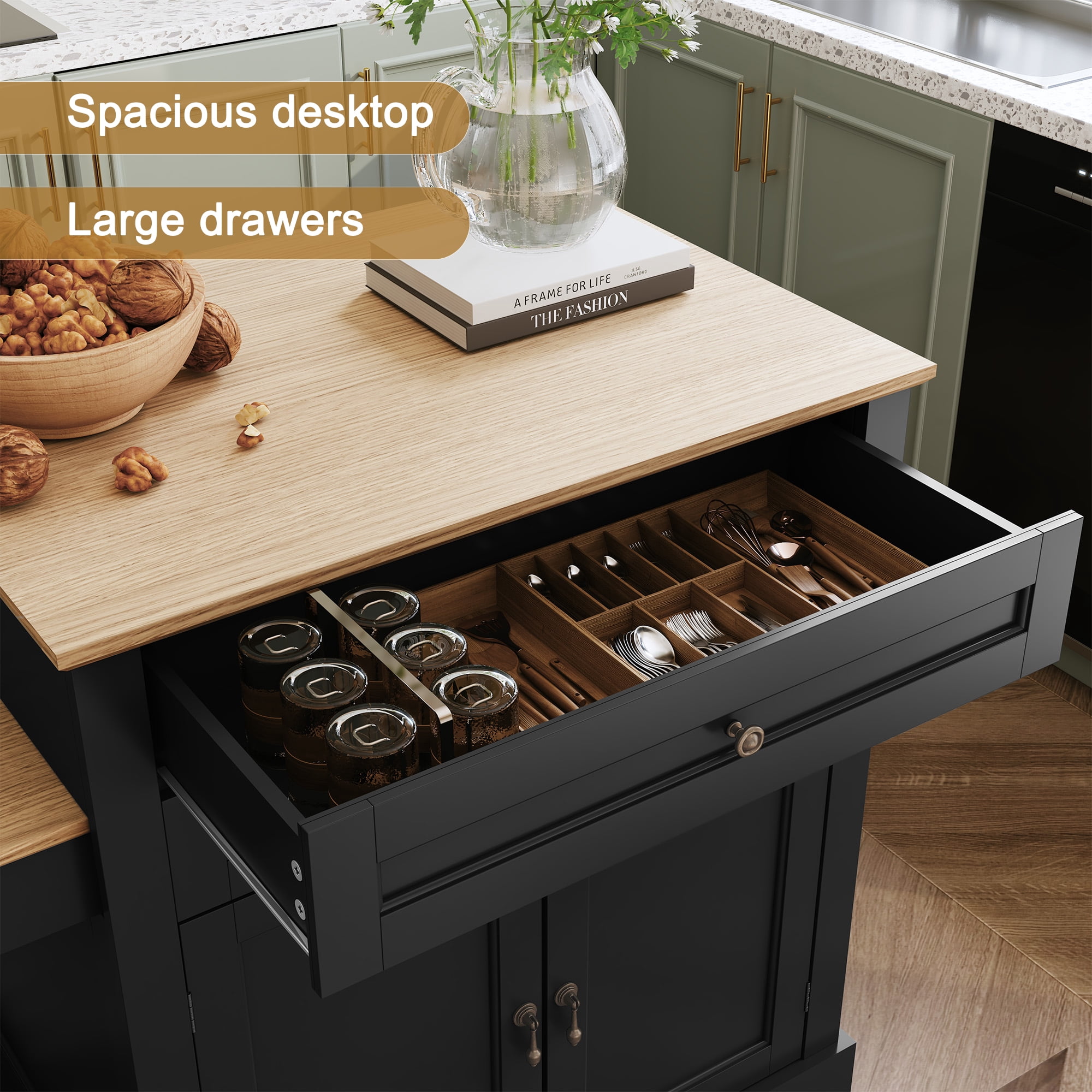 HLR 78.74" Mid-Century Extendable Kitchen Islands on Wheels with Roman column legs, Dining Table Cart with Storage, Black