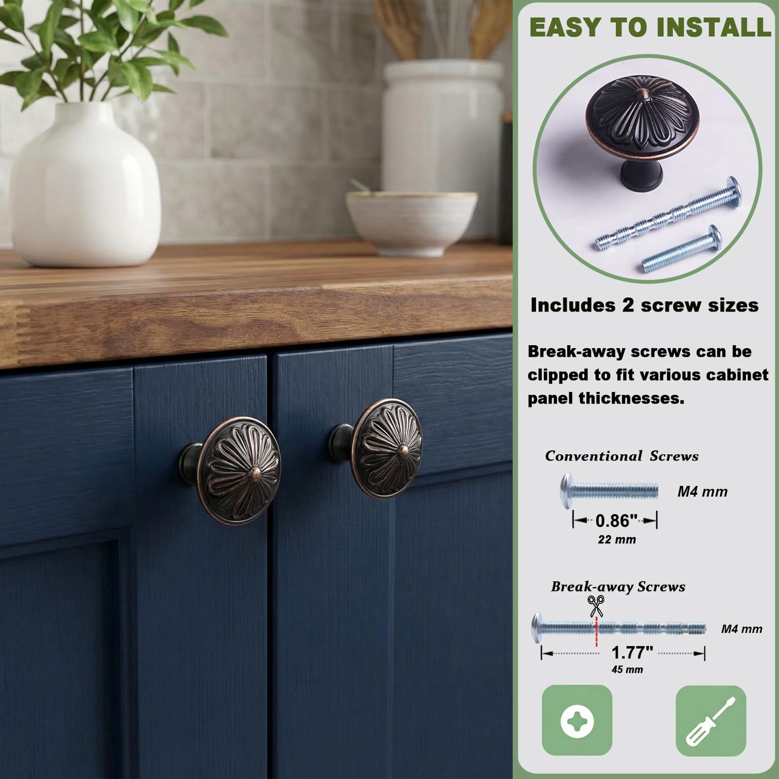 Antique Brass Cabinet Knobs Handles 10 Pack,Solid Zinc Alloy 1.4"Dia Round,Vintage Brass Kitchen Cabinet Handles for Cabinets and Drawers,Drawer Knobs Pulls Vintage Dresser Knobs Closet Door Knobs