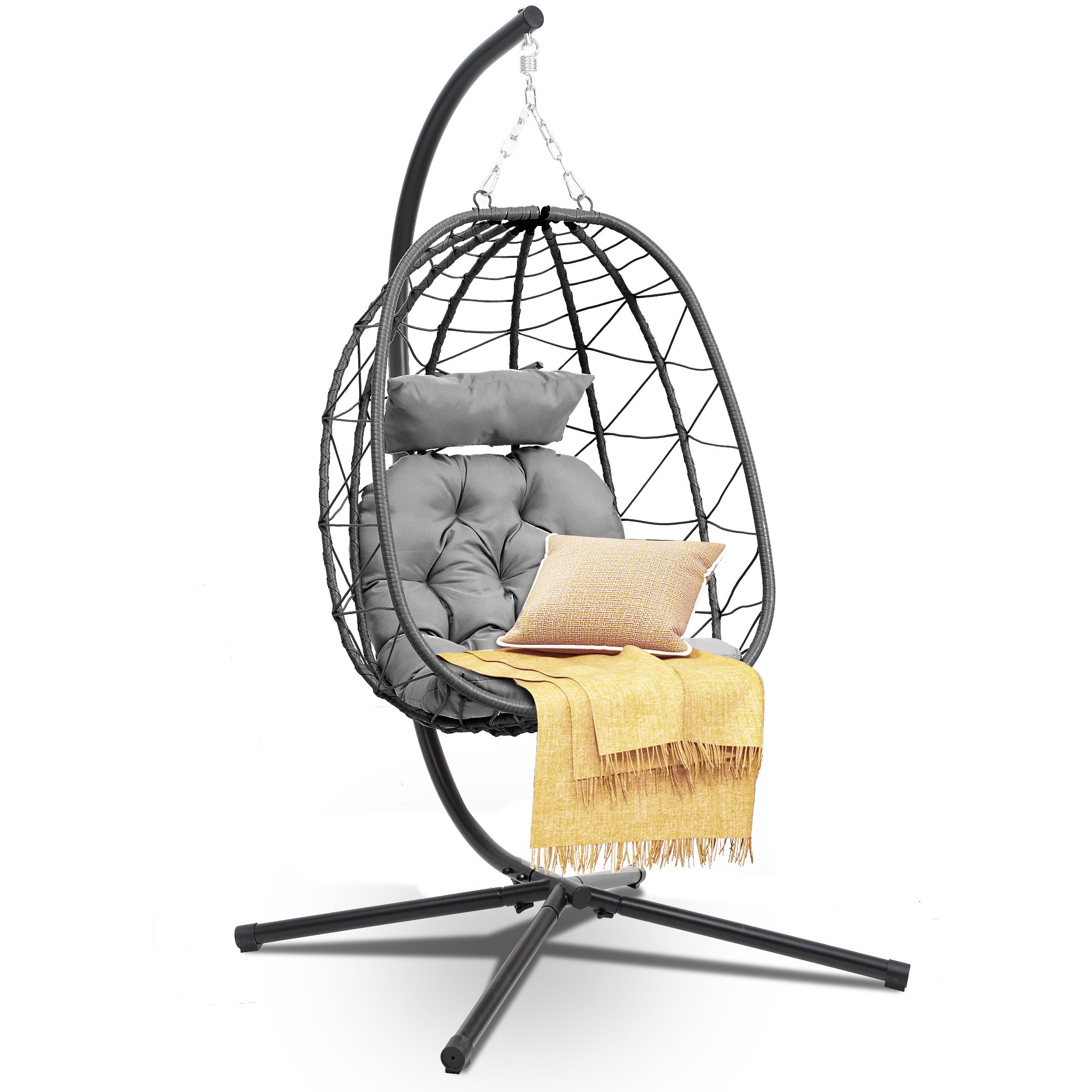 Uforic Wicker Egg Swing Chair with Stand & Cushion, 330lbs Capacity, Dark Gray