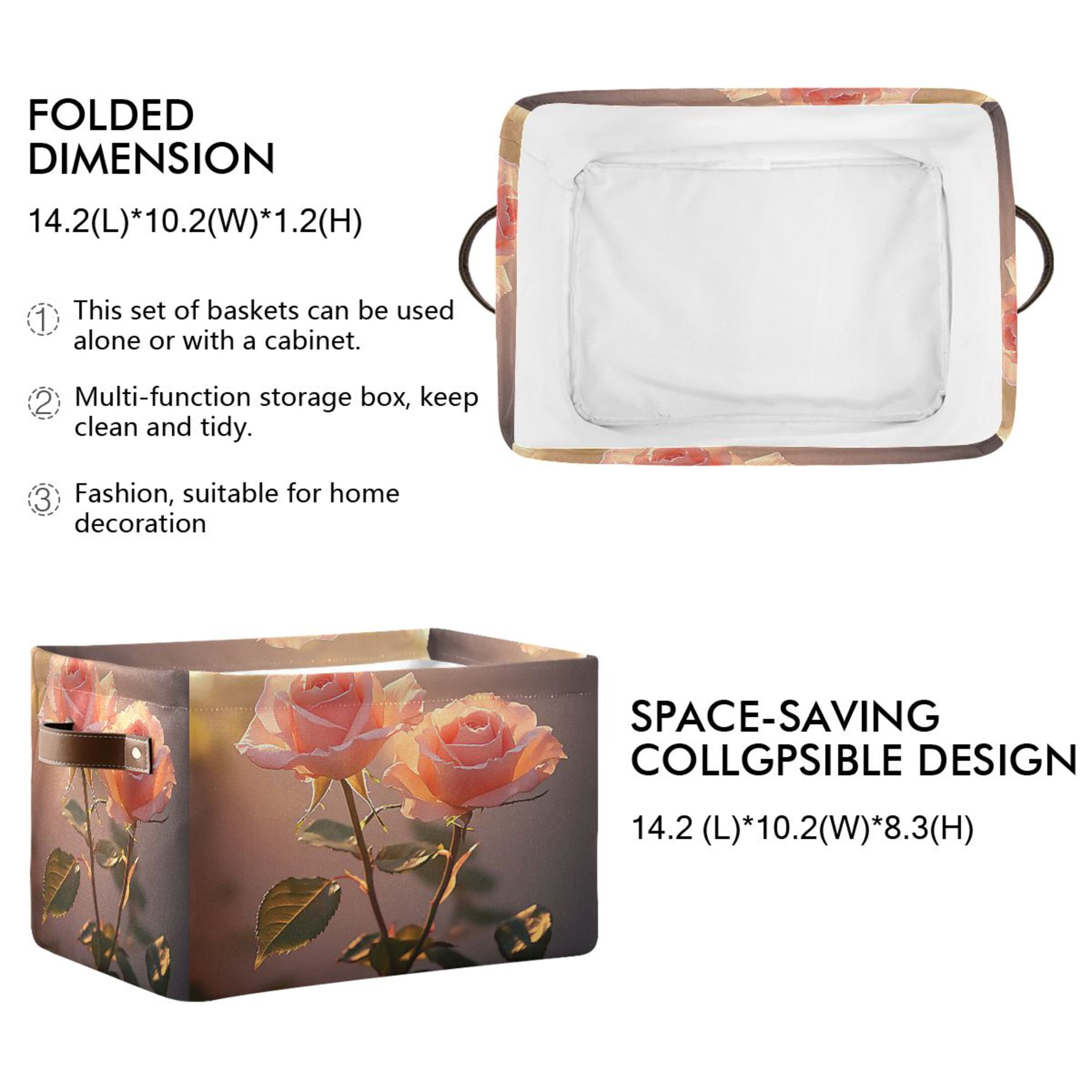Two Pink Roses Foldable Storage Basket,Canvas Fabric Foldable Storage Bins with Handles Open Home Storage Bins Boxes for Toy Book Shelf Closet Baskets