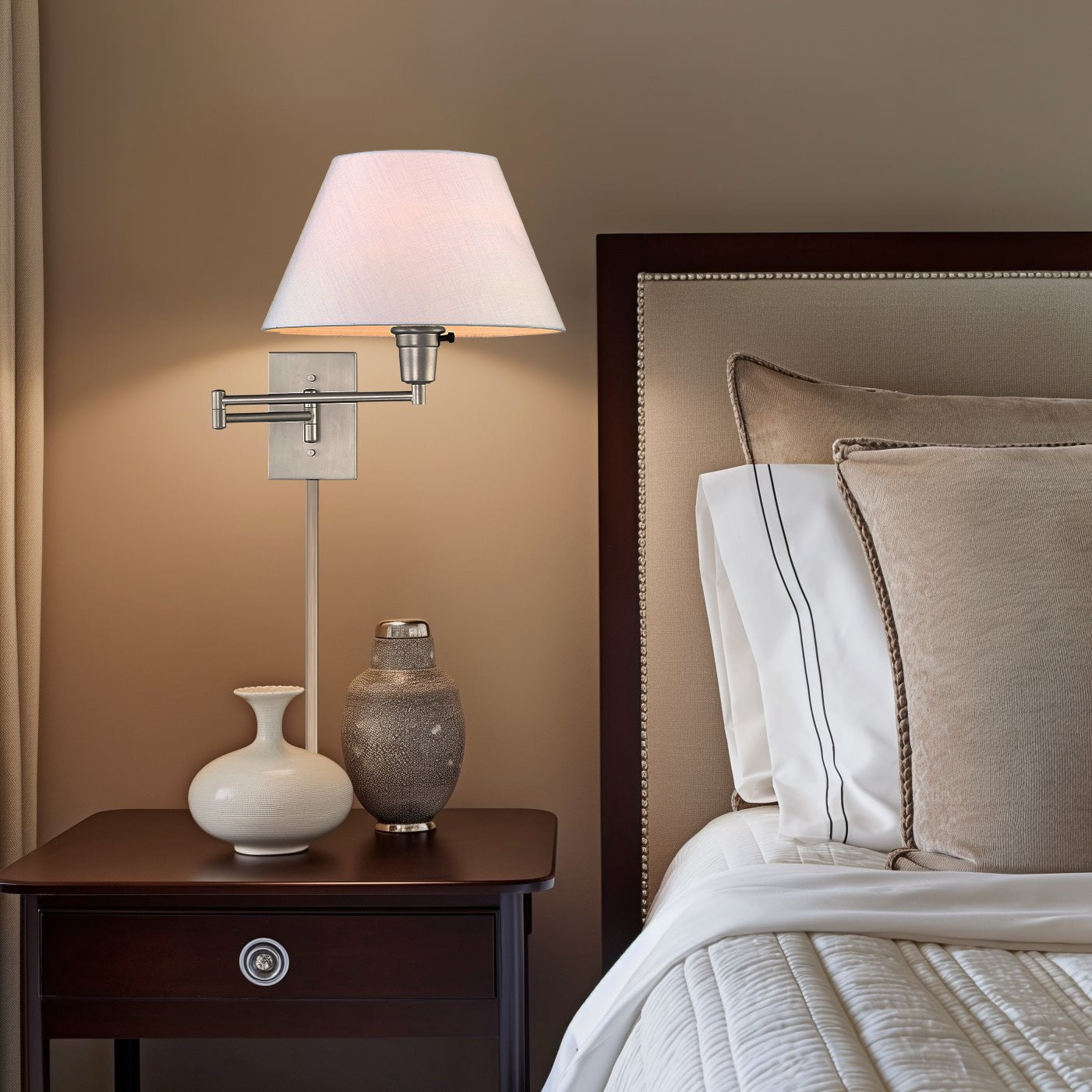 Revel Kira Home Cambridge 15" Swing Arm Wall Sconce, White Empire Fabric Shade, 2-in-1 Plug In or Hardwired Wall Lamp