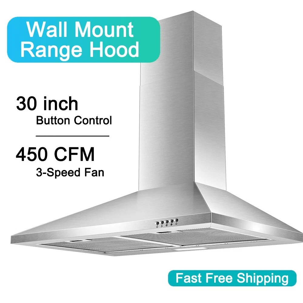 30 inch Range Hood 30 inch Wall Mount Range Hood in Stainless Steel With Ducted/Ductless Convertible,Stove Vent Hood with Aluminum Filters,3 Speed Exhaust Fan,LED Light,Button Control