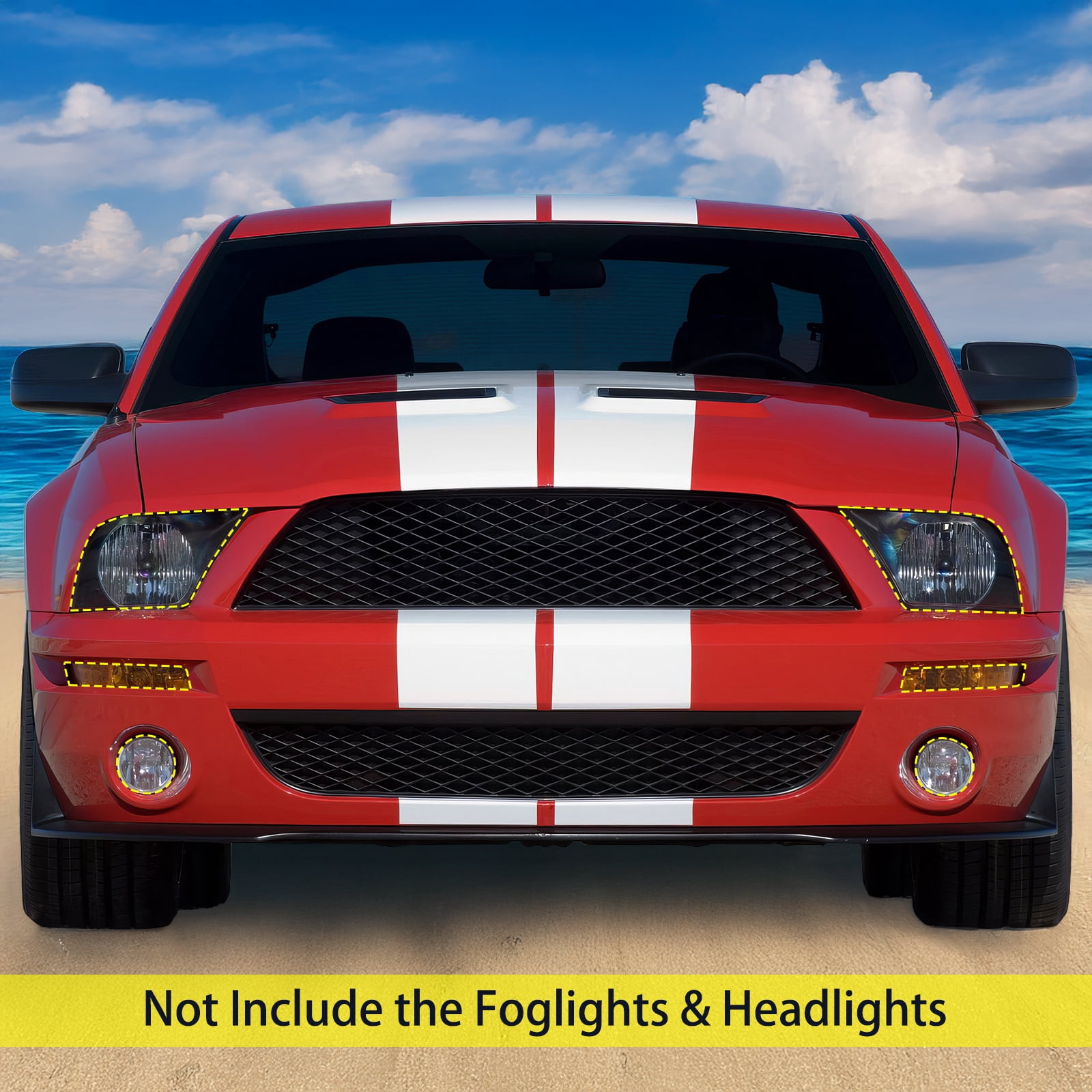 Ikon Motorsports Front Bumper Conversion Cover Compatible With 2007-2009 Ford Mustang GT500 GT500KR Unpainted Black OE PP Injection Front Valance Lip W/ Lower Upper Grilles Bumper Fascia Applique