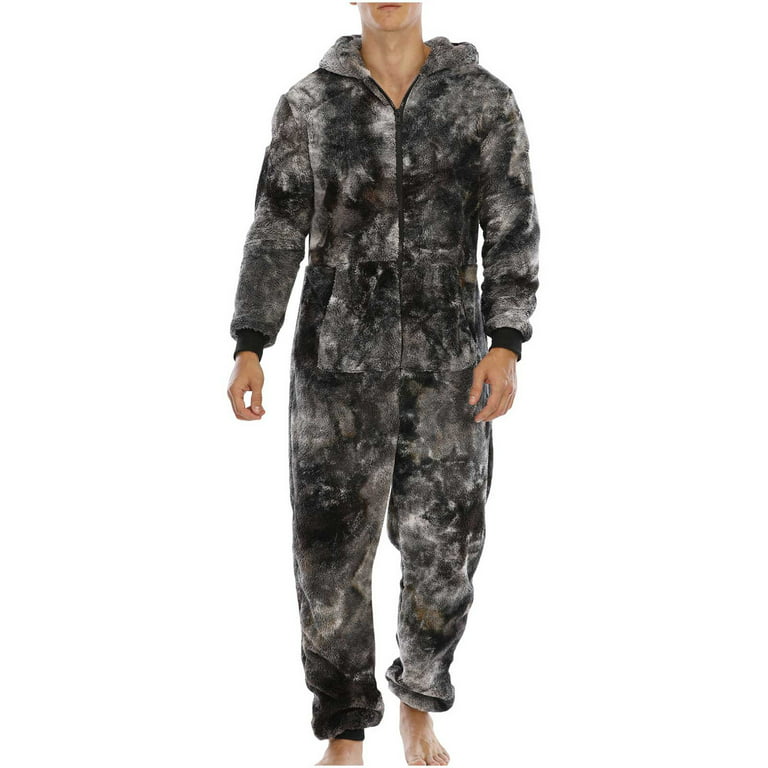 Men Tie-dye Onesies Pajamas Fleece Sherpa Plush Cashmere Adult Full Zip  Hooded Jumpsuit Winter Warm Casual Loose Fit Overall Romper Housewear