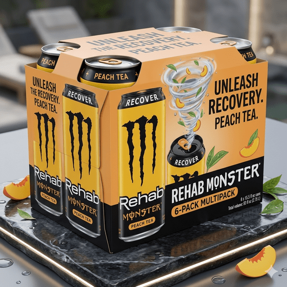 Monster Energy Rehab Peach Tea Energy Drink, 15.5 fl oz Cans, Pack of 6