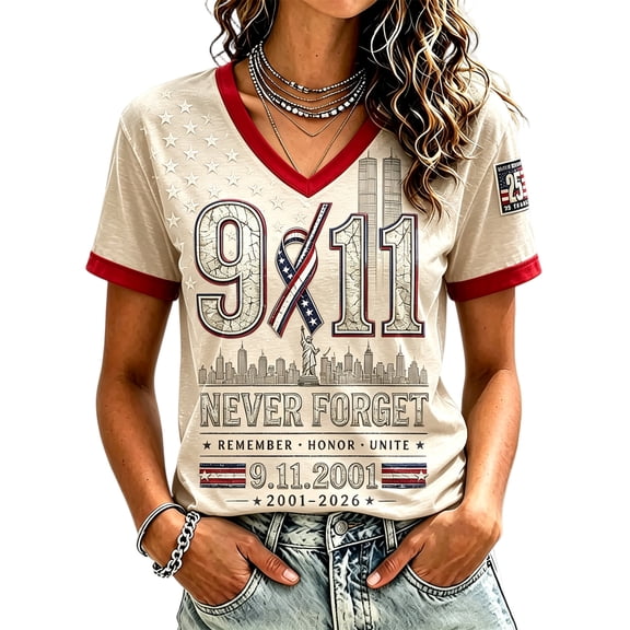 Women's 911 25th Anniversary V Neck Shirt Never Forget 9/11 American Flag Patriotic Tshirt Short Sleeve Memorial Faith Hope Tee Tops