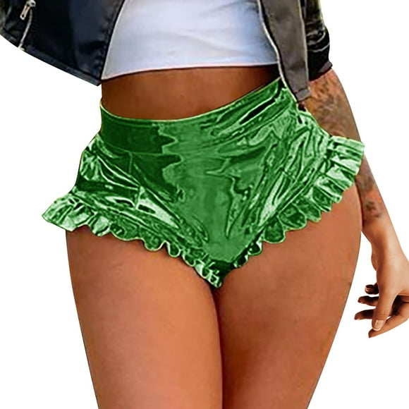 Ladies Pants Casual High Waisted Shiny Metallic Booty Shorts 90S Ruffle Trim Night Club Women’S Pants Green S