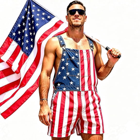Fortwear Anniversary Mens American Flag Overalls Shorts Jumpsuit 4th of July Bib Coveralls