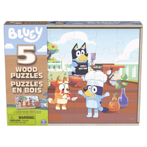 Bluey 5-Pack of wood Jigsaw Puzzles for Families, Kids, and Preschoolers Ages 3 and Up
