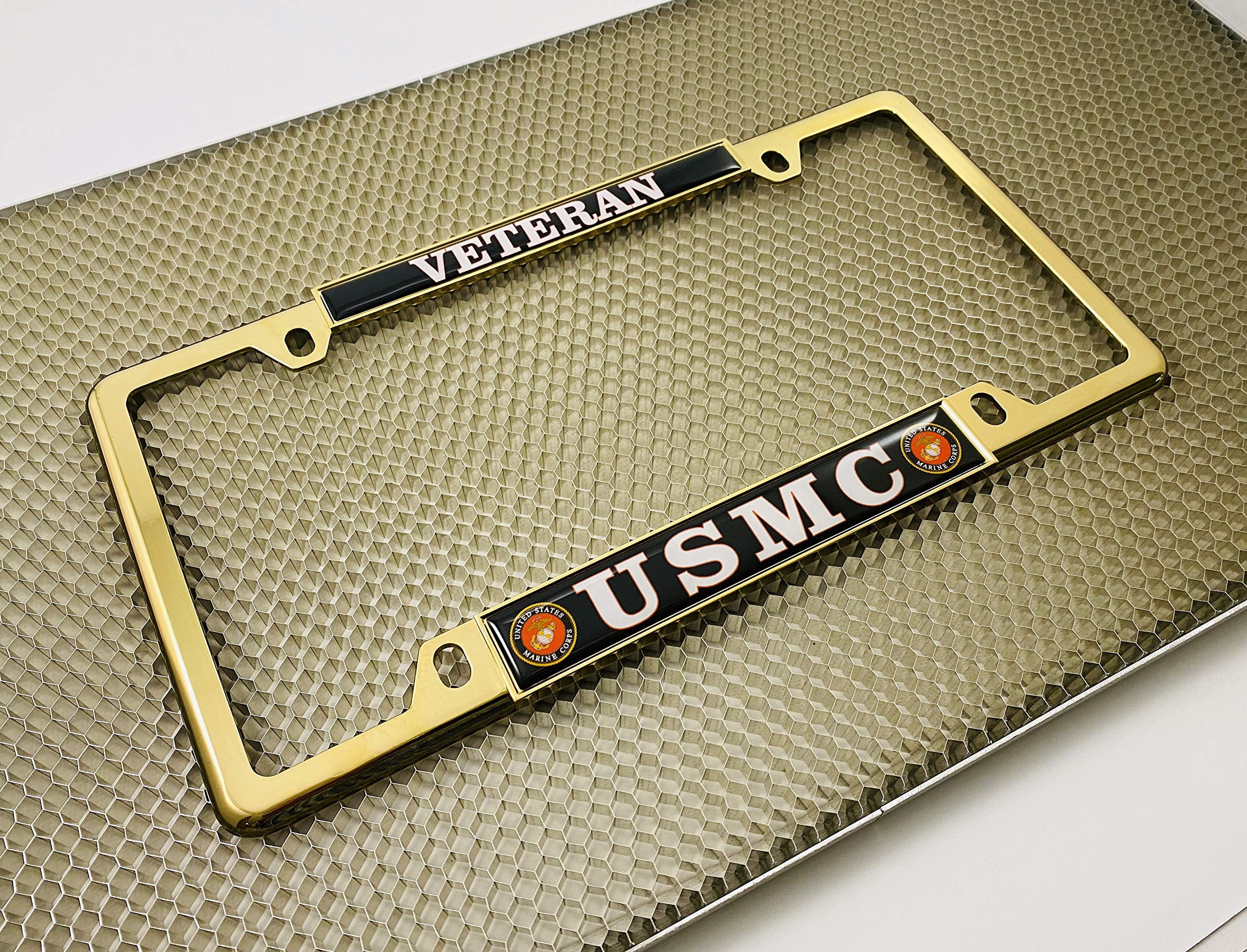 [Officially Licensed US Marine Corps Product] - USMC Veteran - Domed Custom-Made Personalized Narrow (Thin) Top 4 Hole Metal Car License Plate Frame with Free caps - Gold Frame (Qty: 1)