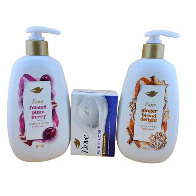Dove Frosted Plum Berry & Gingerbread Delight Hand Wash 12 oz Each, Limited Edition with Dove Winter Care Bar Soap
