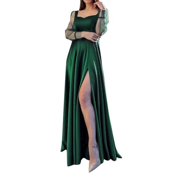 PMVFHDE Women Elegant Long Dress Sheer Lace Long Sleeve Round Neck Formal Gown Elegant Dresses For Women Green,S