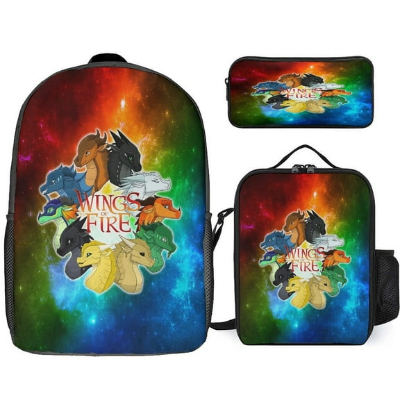 3 Piece Wings Dragon Fire Backpack Set with Lunch Box And Pencil Case Lightweight Bookbag Fashion Bento Backpack