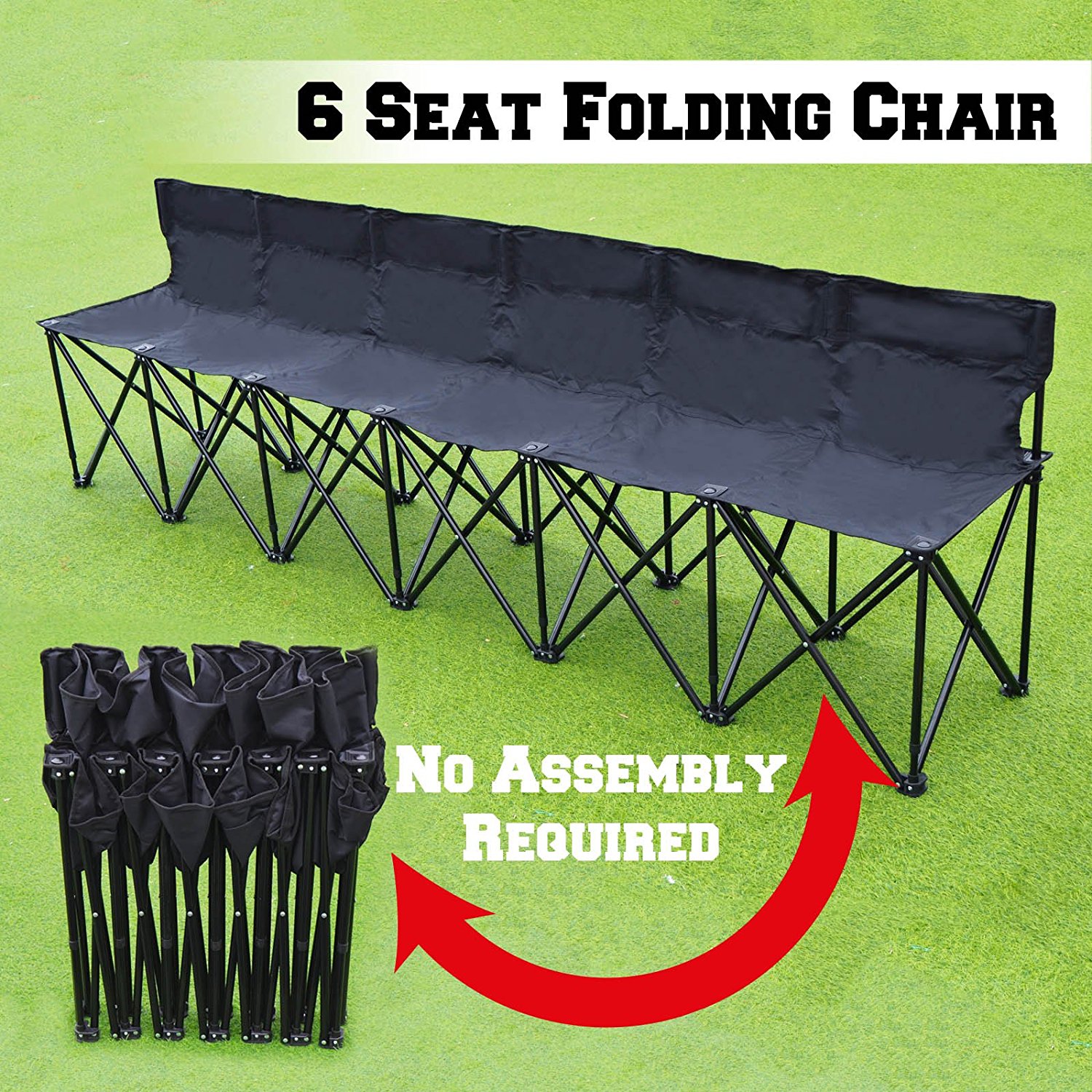 Sunrise Portable Outdoor 6 Person Sideline Bench Folding Team Sport Bench, Waterproof, Black