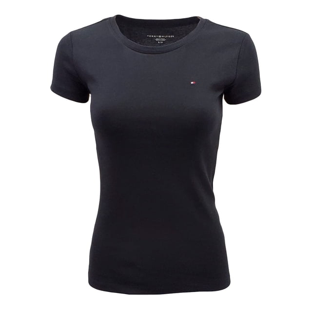 Camiseta Tommy Hilfiger para mujer con cuello redondo y logotipo, color negro, talla M