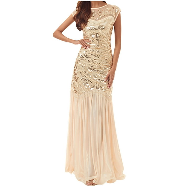Mrat Tennis Dresses Mode Femmes Confortable Décontracté Assemblé Gaze à Paillettes Manches Courtes Col Rond Robe Longueur Cheville Robes de Mariage pour Femmes P-715 Beige P