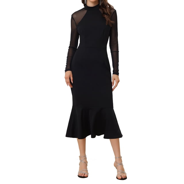 Unique Bargains Robe Élégante en Maille Transparente à Manches Longues pour Femmes Noir TG