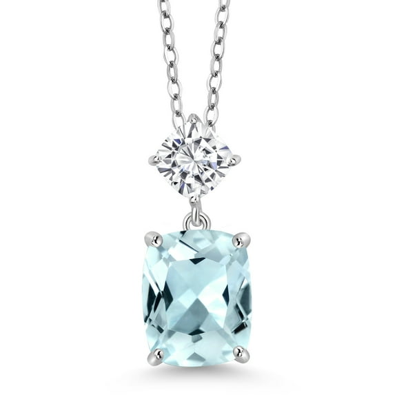 925 Sterling Silver Sky Blue Simulated Aquamarine and White Moissanite Pendant Necklace for Women (3.33 Cttw, Gemstone Birthstone, Cushion Cut: 10X8MM and 5MM, with 18 inch Silver Chain)
