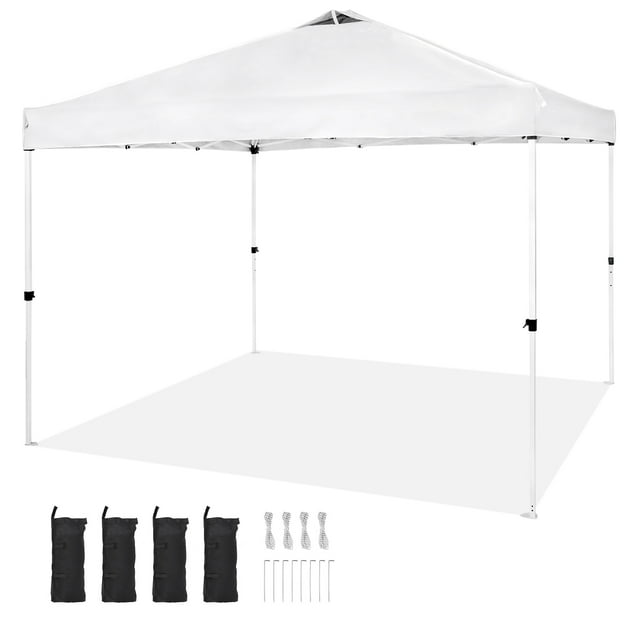 KFFKFF Instant Shelter, 10x10 ft pop-up canopy with a white 250D PU silver-coated cover offering UPF 50+ UV protection and CPAI-84 flame retardant. Includes a sturdy metal frame, wheeled carry bag, 4 sandbags, stakes, and ropes for stability. Perfect for outdoor gatherings, camping, and business events.
