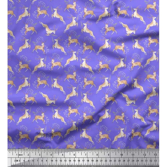 Soimoi polyester Crepe Fabric Leaves & Reindeer Animal Print Sewing Fabric Yard 42 Inch Wide