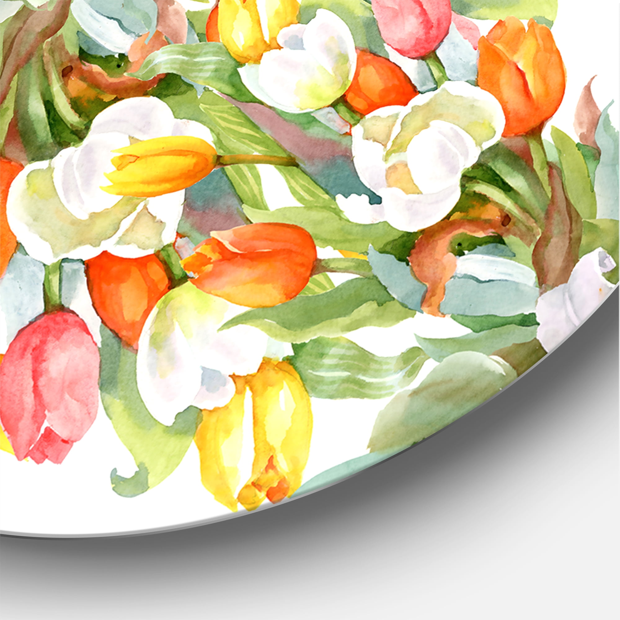 Designart 'Blooming Orange and White Tulips I' Traditional Circle Metal Wall Art 36x36 - Disc of 36